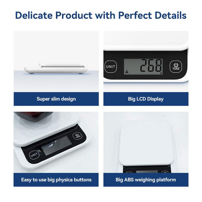 Smart kitchen scales with large LCD display and ABS weighing platform, featuring Bluetooth connectivity.