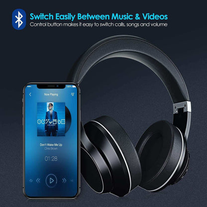 Black sports noise cancelling Bluetooth earphones with smartphone displaying music app.