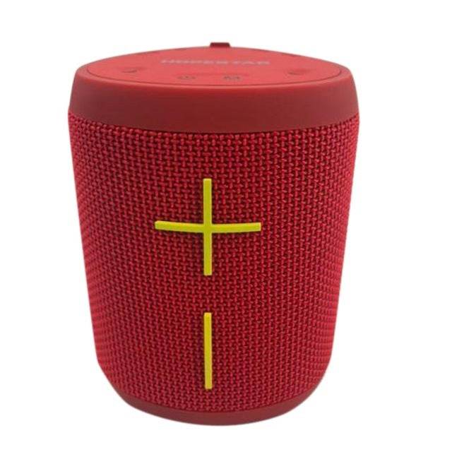 Red P14 wireless Bluetooth speaker with yellow control buttons