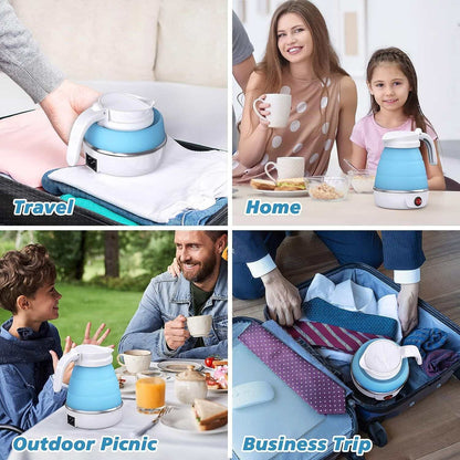 Foldable electric kettle for travel, camping, outdoor use, blue silicone, easy to carry, safe design.