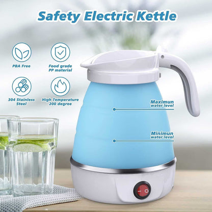 Foldable blue electric kettle with silicone body and stainless steel base, ideal for camping and travel.