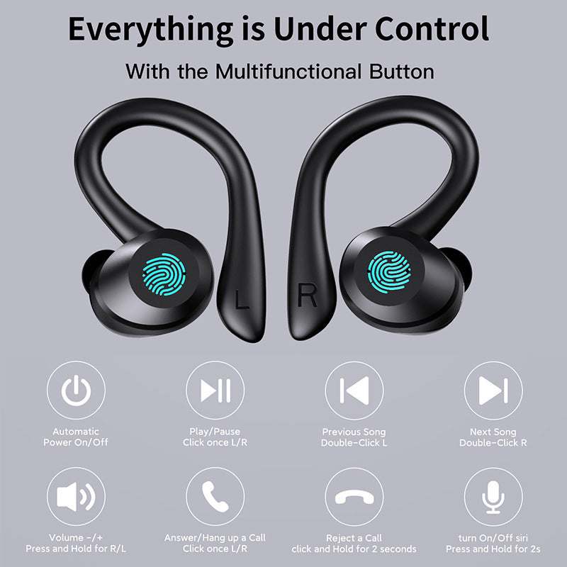 Bluetooth headset with touch control and multifunctional buttons, in-ear design, black.