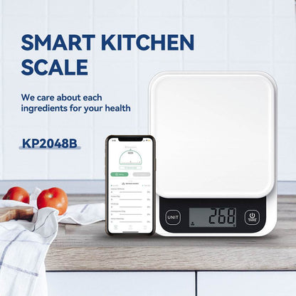 Smart kitchen scales with digital display and smartphone app for nutrition calculation, black color.