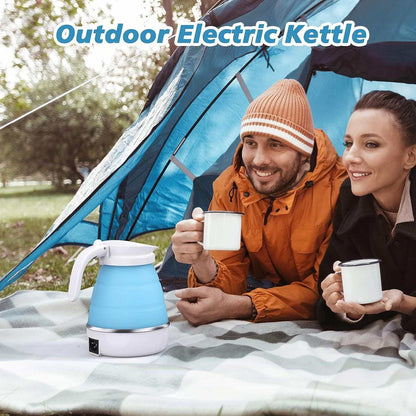 Foldable blue electric kettle for camping and travel, with silicone body and separable power cord.