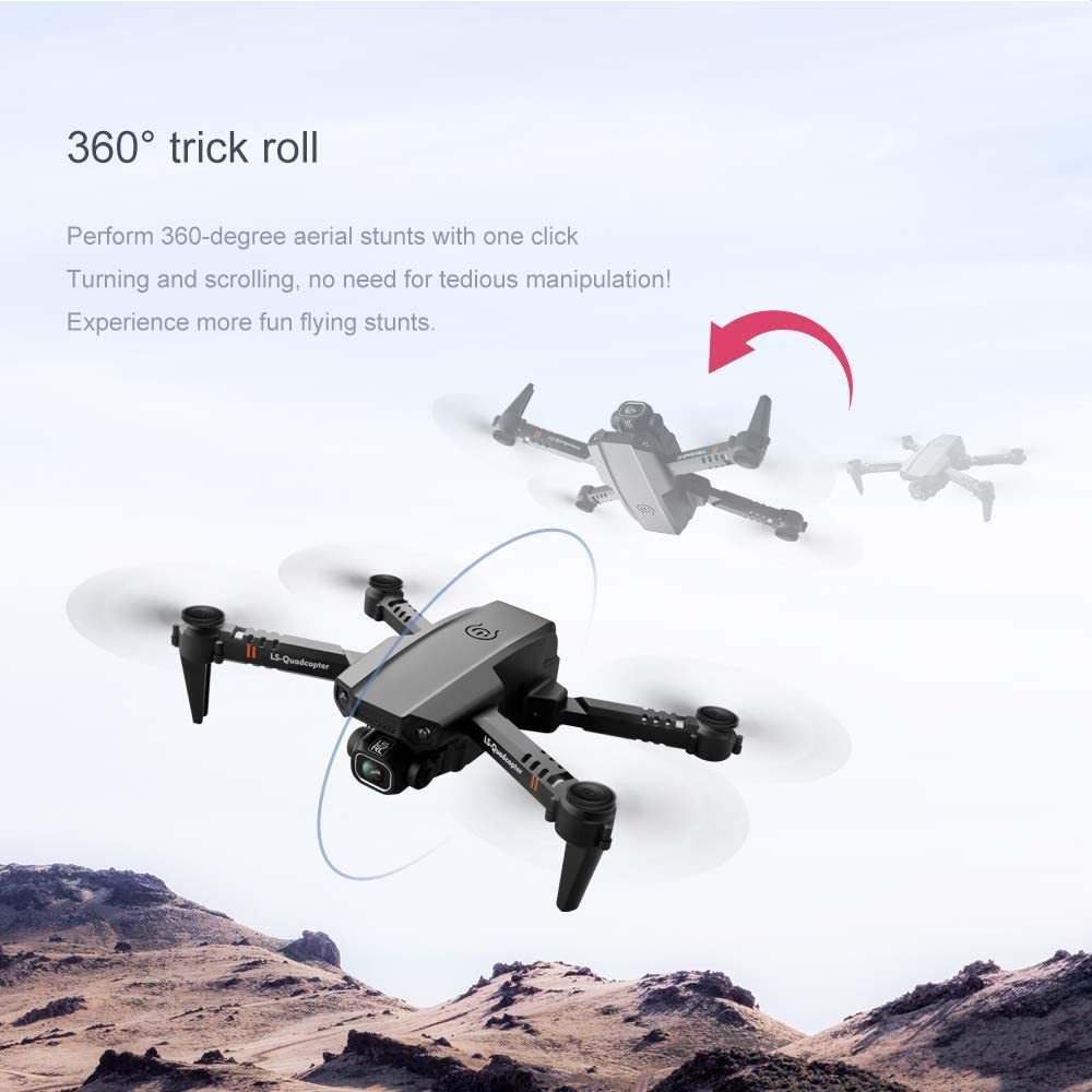 Mini Drone Quadcopter performing 360-degree aerial stunts over a scenic landscape, featuring high-definition dual cameras.