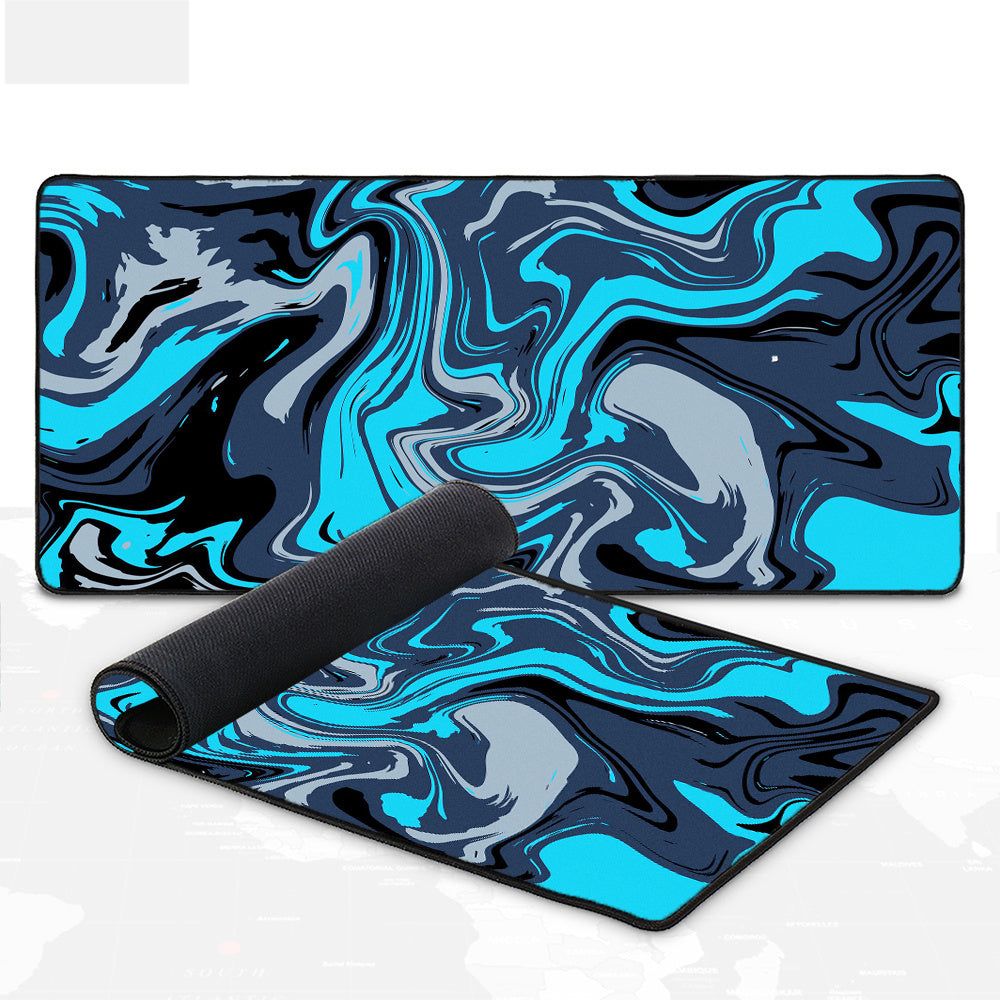 Extra long gaming mouse pad with blue marble design for keyboard desk, rubber material.