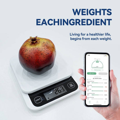 Smart kitchen scale measuring a pear, with app displaying nutritional information.