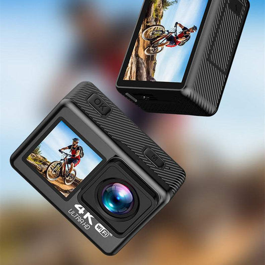 Dual color screen sports camera with 4K HD resolution and WiFi functionality, ideal for outdoor activities like riding and surfing.