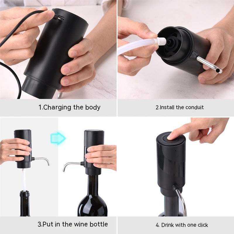 Electric wine aerator and decanter pump dispenser with USB charging, black plastic design, demonstrating setup and one-click operation on wine bottle.