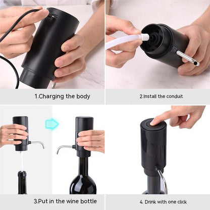 Electric wine aerator and decanter pump dispenser with USB charging, black plastic design, demonstrating setup and one-click operation on wine bottle.