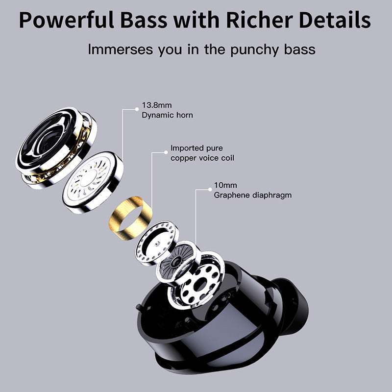 Bluetooth headset design showcasing dynamic horn, copper voice coil, and graphene diaphragm for rich bass.