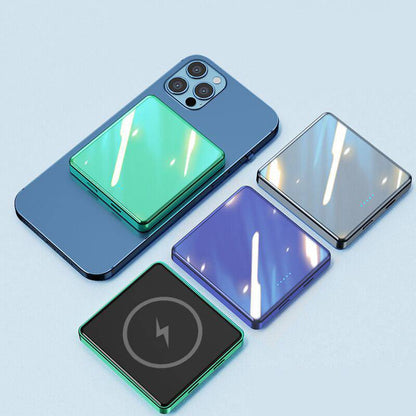 Mini Magnetic Wireless Power Bank in blue, gray, and green for Apple devices, 20W fast charging, 5000mA and 10,000mA capacity.