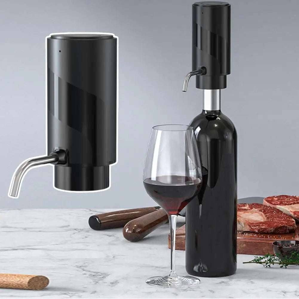 Electric wine aerator and decanter with pump dispenser in sleek black, shown enhancing wine flavors.