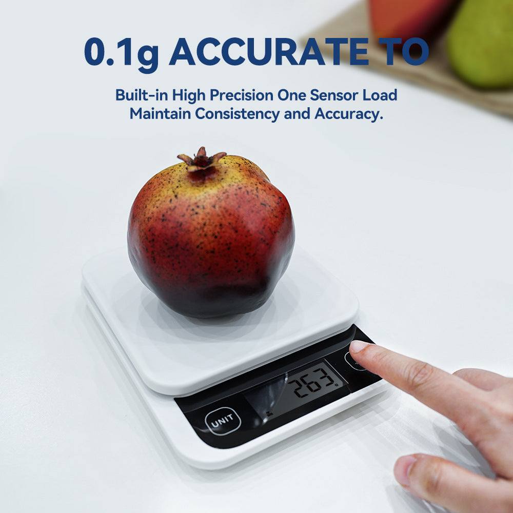 Smart kitchen scales in use, weighing a fruit with 0.1g accuracy, featuring a digital display.