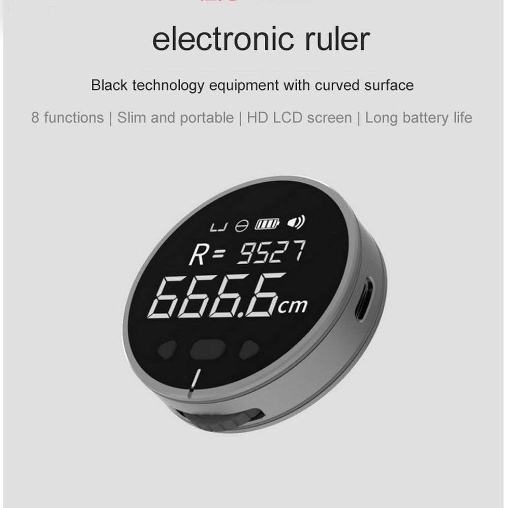 High precision electronic measuring ruler with HD LCD, black curved design, compact and portable.